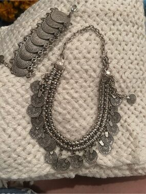 Vintage Silver Turkish Ottoman-style Coin Necklace and Bracelet Set BOHO